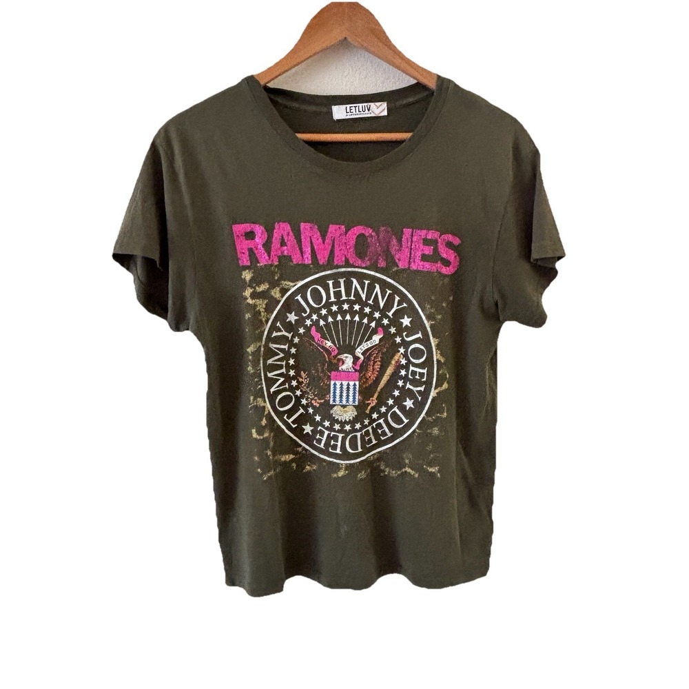 LETLUV Anthropologie Ramones Band Tee Shirt Womens S Olive Green Graphic Rock